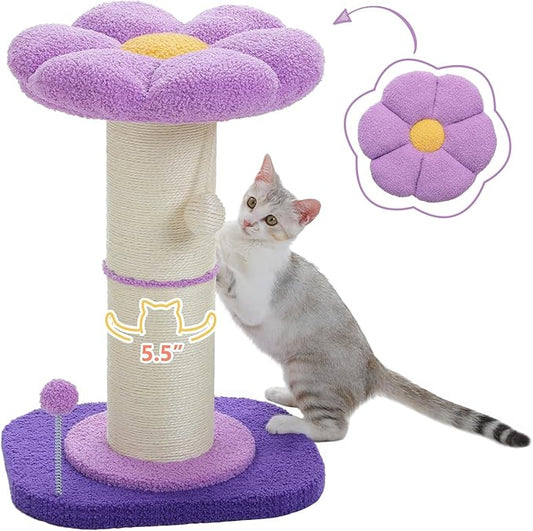 PEQULTI Flower Cat Scratching Post, Small Cat Tree, Scratcher for Indoor Cats with Super Thick Scratching Post [Dia=5.5''], Removable Flower Bed, Cat Scratch Post with Spring Ball, Purple