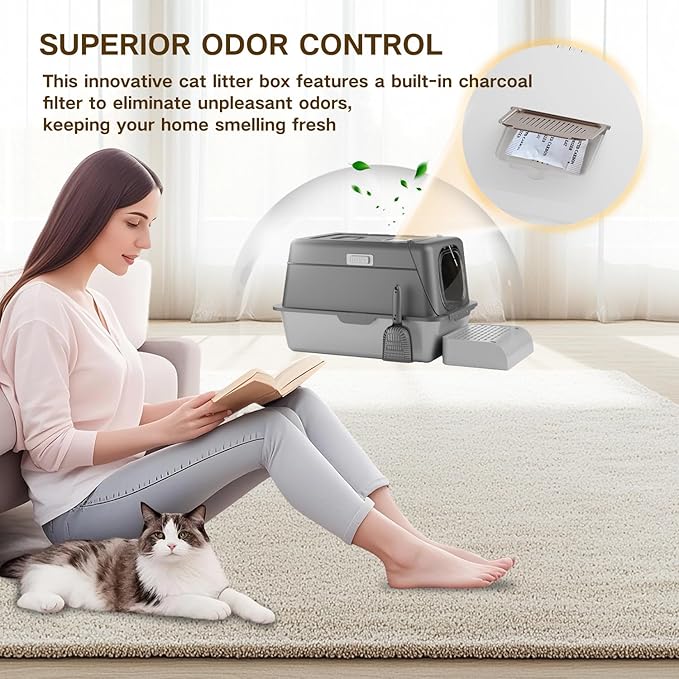 Stainless Steel Cat Litter Box with Lid, XX-Large Extra Large Litter Box for Big Cats, Enclosed Removable Metal Cat Box with High Sided Enclosure,Magnetic Door,40L Box, Litter Trap Step/Mat