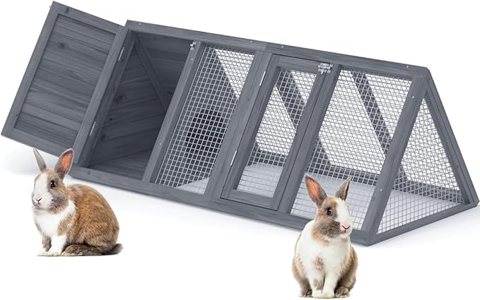 Rabbit Hutch Outdoor Chicken Coop Wooden A-Frame Small Animal Cage Quail Cage w/Chicken Run & Ventilated Wire Fence Suitable for Garden Backyard Farms 47 x 18 x 19.5 in (Grey)