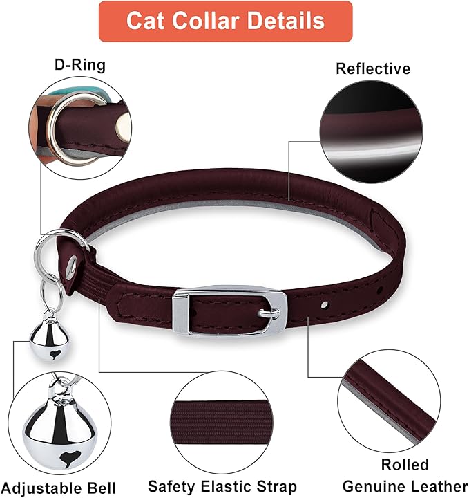 OOPSDOGGY Rolled Leather Cat Collar with Bell, Reflective Kitten Collars with Buckle Include Safety Elastic Strap - Adjustable Small Pet Collars for Boy Girl Cats (Burgundy)