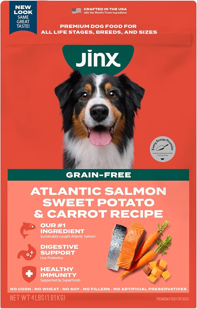 Jinx Premium Grain-Free Dry Dog Food, for All Lifestages - Real Salmon, Sweet Potato & Carrot Puppy Kibble with Superfoods for Immune Support & Probiotics for Digestive Support - No Fillers - 4lb