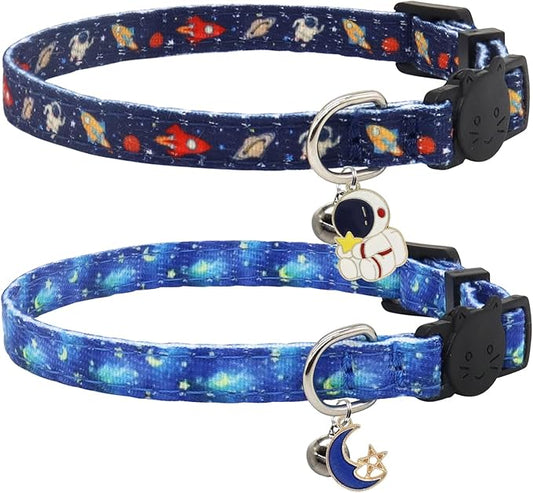 Cat Collar Breakaway, 2 Pack Cotton Cats Collars with Bells, Cute Astronaut Shaped for Girl Boy Kittens