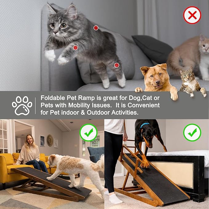 ABORON Dog Ramp,Adjustable Folding Pet Ramp for Bed,Couch,SUV - High Traction Portable Rubber Paw Ramps,Great for Small & Large Old Dogs & Cats, Supports up to 200 lbs,55''Long