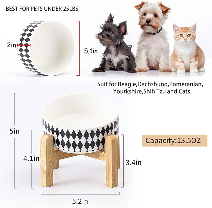 Petygooing Raised/Elevated 15°Slanted Ceramic Dog Bowl for Small Breeds,Tilted Anti Slip Pet Bowl,Food Water Dish with Stand for Cats and Small Dogs Puppy 13.5 OZ (5.1In / 1.7 Cups) Black Rhombus