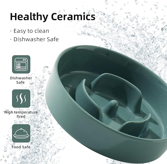 6.1inch Ceramic Dog Bowl Slow Feeder, Slow Dish for Small Dog, Wet and Dry Food Dish, Stop Bloat, Preventing Choking(Single Bowl-Dark Green)