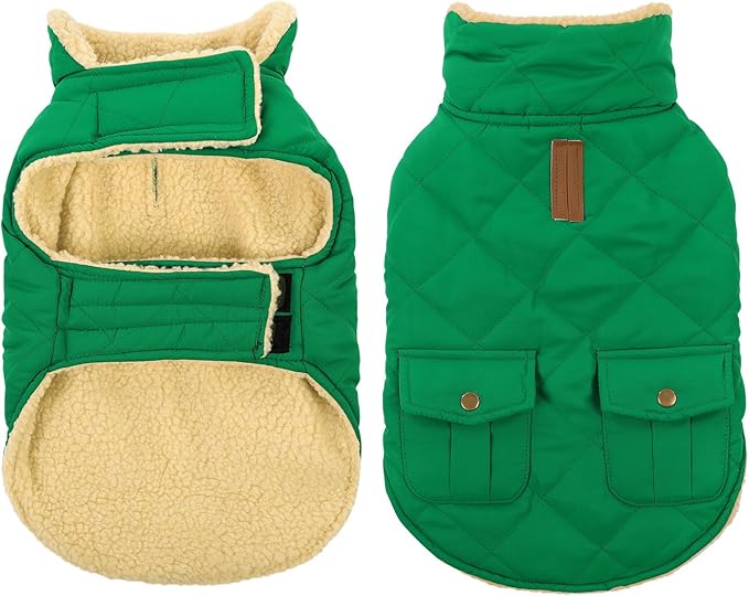 Queenmore Warm Dog Coat, Cold Weather Puffer Dog Coat Vest, Quilting Winter Pet Jacket Ultra Thick Plush Fleece Lining Pet Clothes for Dogs with Storage Pockets (Forest Green,X-Large)