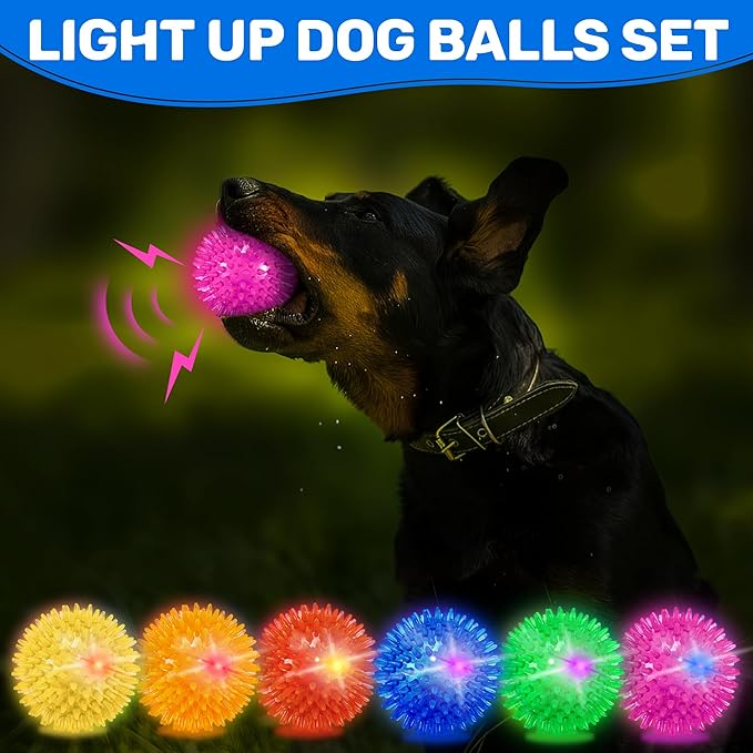 6 Pack 2.5" Light Up Squeaky Dog Balls, Spiky Dog Toy Balls for Puppy Small,Medium Dogs