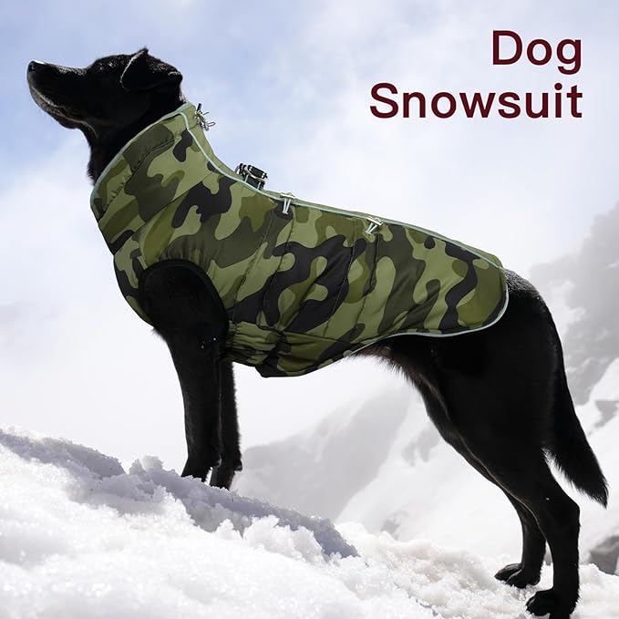 Dog Coat Dog Winter Jacket-Large, Warm Zip Up Snowsuit Dog Harness Vest Reflective Water-Resistant Dog Coat Dog Snow Jacket for Large Dogs French Bulldog, Pug, Camouflage