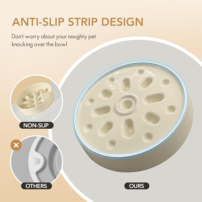 Ceramic Raised Slow Feeder Dog Bowl Set, Elevated 5.1inch Bowl and 6.1inch Slow Pet Food Dish with Wooden Stand for Small Dog and Cat (2 x Beige+ Stand)