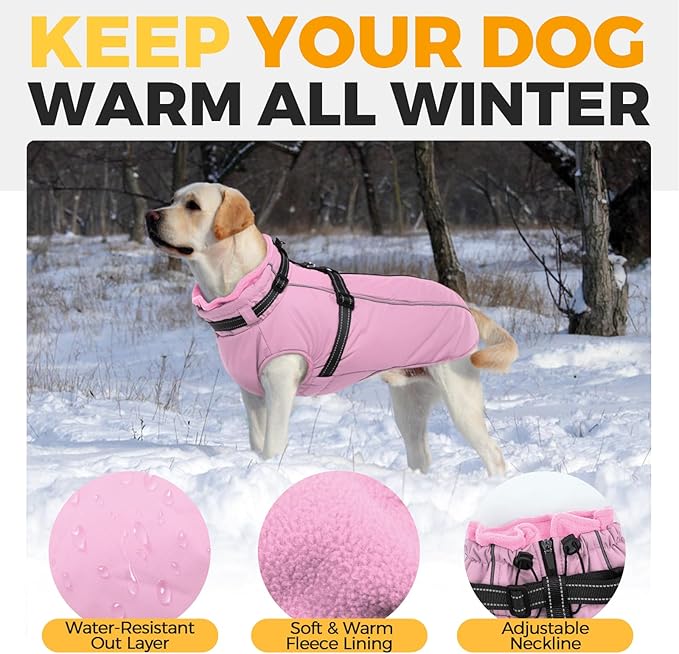 Lelepet Warm Dog Winter Coat Waterproof Dog Jacket with Harness Built in, Reflective Windproof Fleece Jacket, Dogs Coats for Medium Dogs, Thermal Turtleneck Pet Snowsuit for Outdoor, Schnauzer, Pink M
