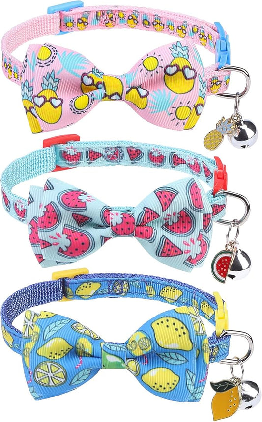 SCENEREAL Breakaway Cat Collar with Bell, 3 Pack Safety Adjustable Cat Collars with Pendant, Personalised Puppy Kitten Collar with Bow for Spring Summer Boys Girls, Pineapple & Lemon & Watermelon