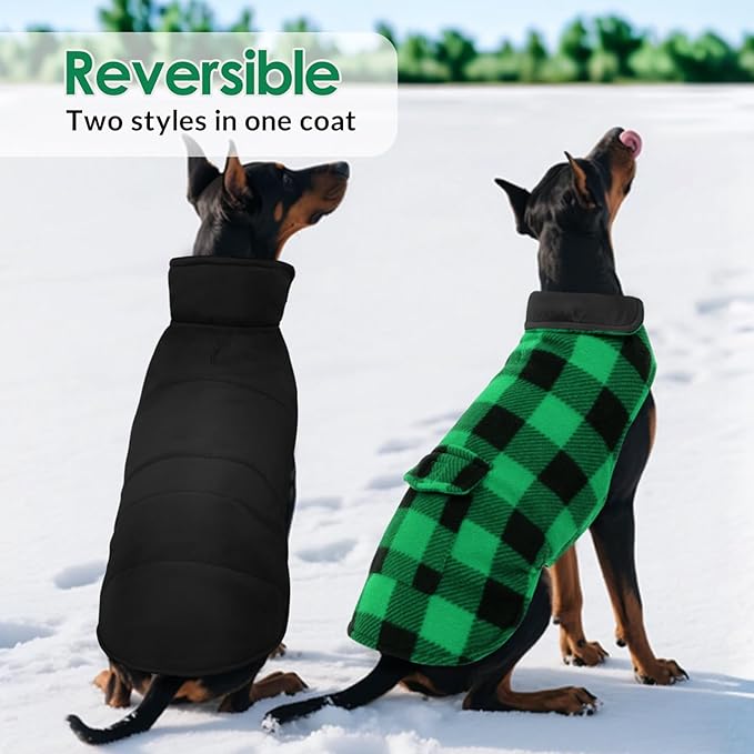 ASENKU Dog Winter Coat, Fleece Doggie Jacket Plaid Reversible Vest Waterproof Windproof Cold Weather Clothes for Small Medium Large Dogs (XXL, Green)