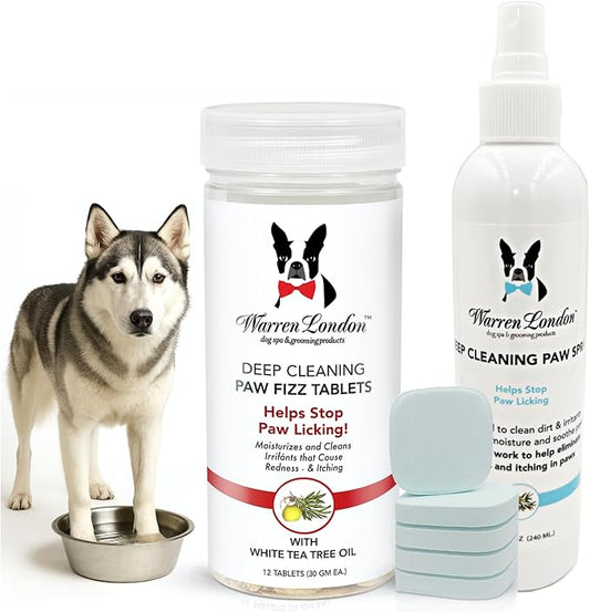 Warren London Deep Cleaning Paw Soak & Spray Combo | Soothes Itchy Paws with Seaweed, Tea Tree Oil & Aloe Vera | Anti-Lick Treatment | 12 Tablets + Deep Clean Paw Spray | Groomer-Approved Relief
