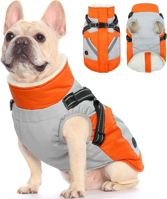 FUAMEY Dog Winter Jackets for Small Dogs,Dog Coat with Harness Built in,Waterproof Dogs Snowsuits Warm Pet Jacket Zip Up Fleece Cold Weather Coats Reflective Puppy Vest with Pocket Orange XS