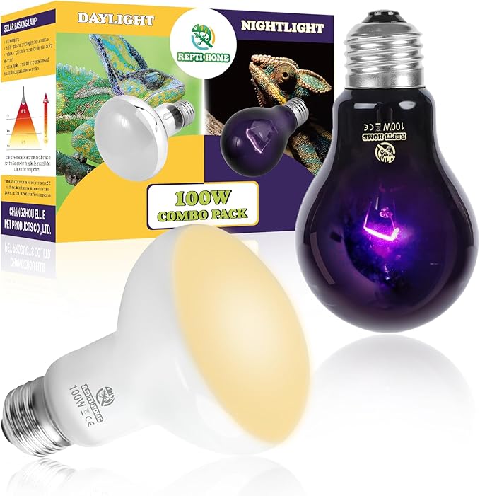 Reptile Heat Lamp 100W Combo Pack, Day and Night Basking Spot Bulb for Amphibian Includes Black Heat Lamp UVA Daylight Heating Light