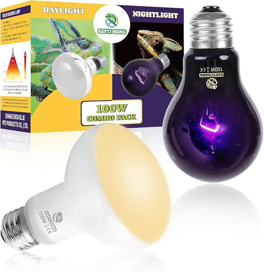Reptile Heat Lamp 100W Combo Pack, Day and Night Basking Spot Bulb for Amphibian Includes Black Heat Lamp UVA Daylight Heating Light