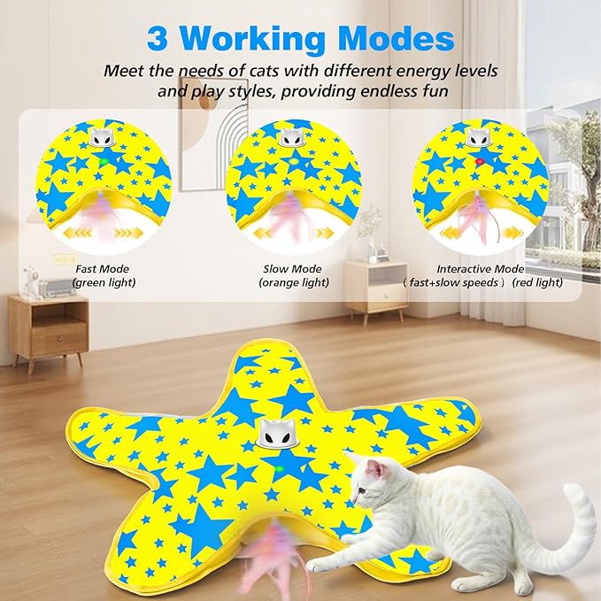 Interactive Cat Toys for Indoor Cats, Rechargeable Hide and Seek Cat Toy with Moving Concealed Feathers, Touch Activated Kitten Toys Cat Exercise Toys, Yellow Blue Cover