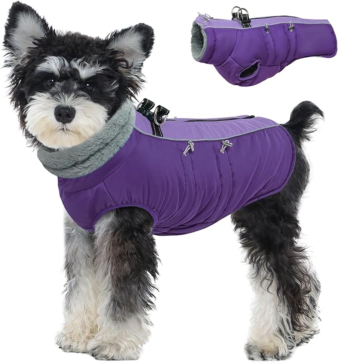 IDOMIK Warm Dog Coat with Harness Built-in, Thick Fleece Dog Winter Jacket with High Collar&Zipper, Waterproof Reflective Dogs Cold Weather Coats for Small Dogs, Pet Snow Jacket Vest(Purple,S)