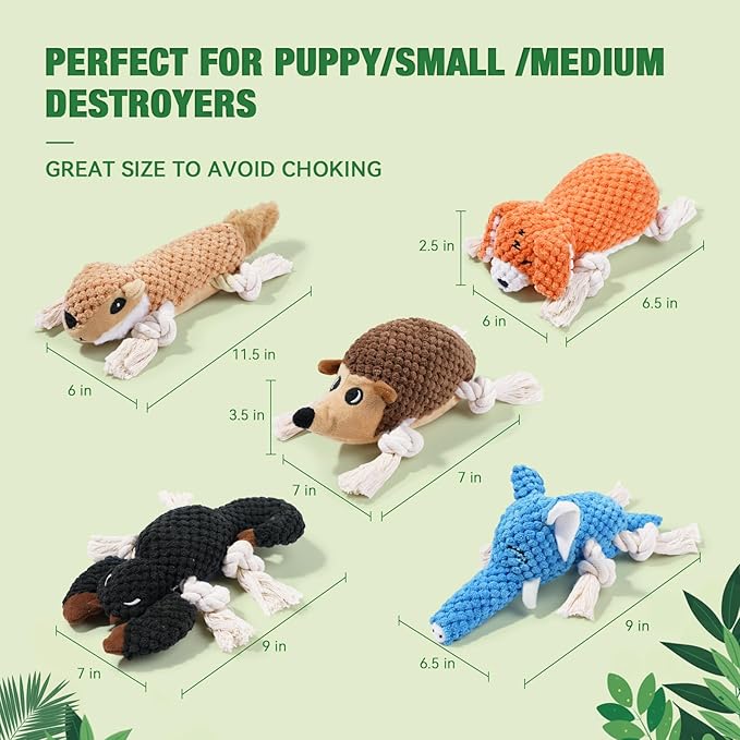 LEGEND SANDY Squeaky Dog Toys, Plush Small Dog Toys, 5 Pack Stuffed Animal Puppy Toys with Tug of War Ropes Value Bundle, Puppy Chew Toys for Teething, Dog Chew Toy for Small Medium Breeds