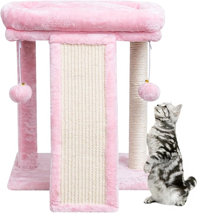 SYANDLVY Small Cat Tree with Scratching Board, Cat Scratching Post for Adults, Cat Scratcher for Indoor Cats, 2 Dangling Balls Great for Kittens