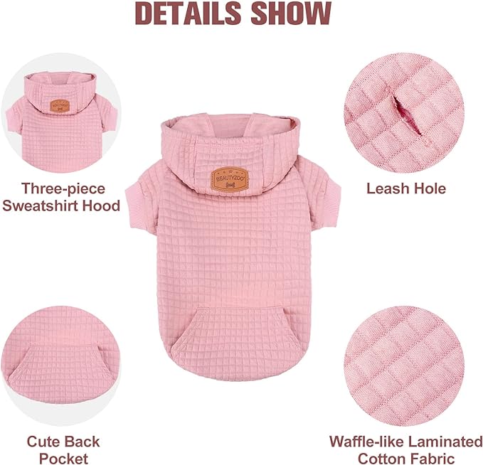 BEAUTYZOO Small Dog Hoodie Sweater with Pockets, Dog Clothes for Small Medium Dogs Boy Girl, Waffle-Like Laminated Cotton Pet Coats with Hat and Leash Hole, Pink XL