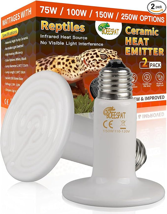 Energy Efficient 75W Reptile Heat Bulbs, Pack of 2 Ceramic Heat Emitters for Reptile Geckos, Bearded Dragon, Lizard, Iguana & Small Pets (White, 75 Watts)