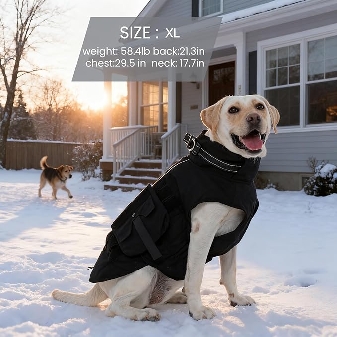 Dora Bridal Dog Winter Coat with Harness Built in, Small Dogs Warm Windproof Reflective Dog Jacket, Pet Vest with Molle Panels and 3 Pouches for Male Dogs