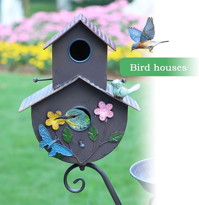 52" H Bird Bath and Metal Birdhouses for Outdoors,Metal Standing Bird Bath Feeder and Climbing Plant Trellis 4-in-1,Garden Yard Decor