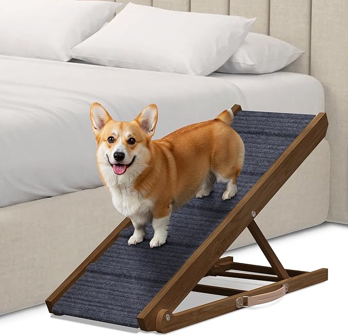 Adjustable Dog Ramp for Bed - Foldable Wooden Ramp for Dogs to Get on Bed, Couch, or Car - Ideal for Small, Medium, and Large Breeds (Walnut Wood with Grey Carpet) (Walnut Wood, Medium)
