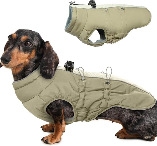 Dog Winter Jacket - Large, Warm Zip Up Snowsuit Dog Harness Vest, Reflective, Water-Resistant, Apricot