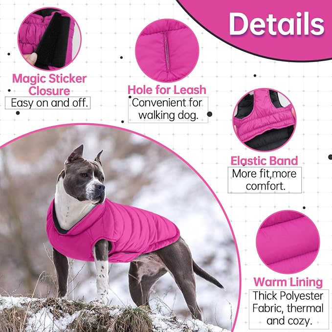 Lelepet Reversible Dog Jacket Lightweight Warm Dog Coat Padded Vest Windproof Cold Weather Coat Pet Sonwsuit with Hook & Loop Coats for Small Dogs, Non-Shedding, Easy on/Off, Chihuahua, Rose Red, XS