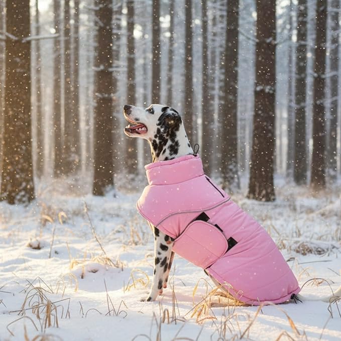 ASENKU Extra Warm Dog Coat - Winter Fleece Jacket with Reflective Adjustable Zippered Leash Hole for Medium Dogs (Pink, L)