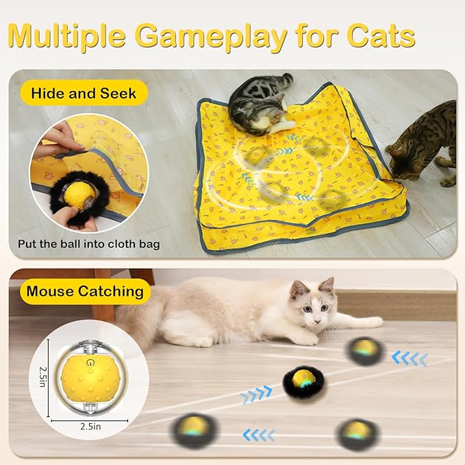 Interactive Cat Toys for Indoor Cats, Electric Cat Ball Fast Rolling in Pouch, Motion Activated Chirping Cat Toy, Hide and Seek Cat Toy with LED Light