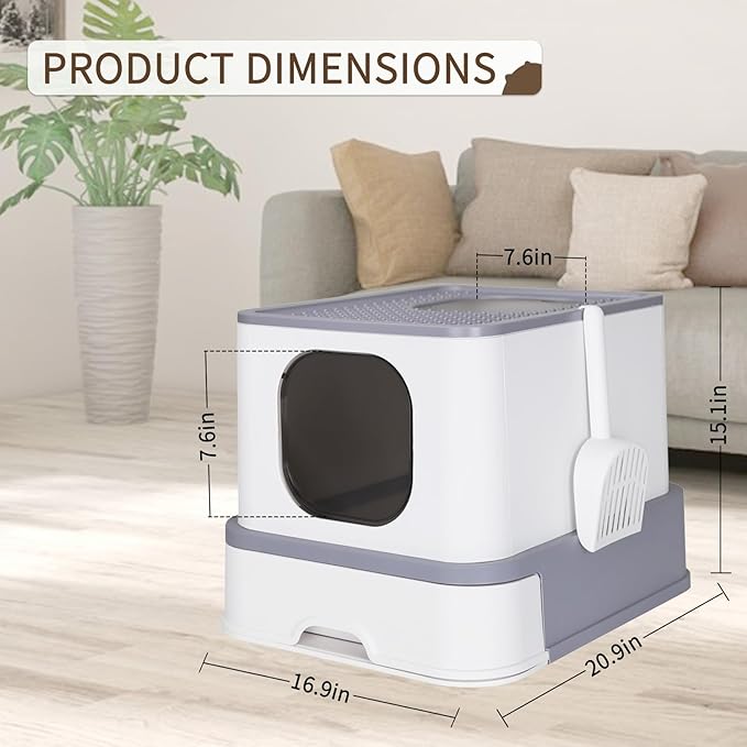 RIZZARI Large Enclosed Cat Litter Box : Covered Leak-Proof Reduces Odor - for Indoor Use Cat Owners (Light Gray)