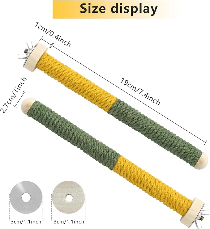 2 PCS 7.4 x 1 inch Bird Perch Parrot Stand Cage Accessories Natural Wooden Stick Paw Grinding Rope-surfaced Chew Toy Standing Rod for Exercise Training Branches (Yellow+Green-2p)