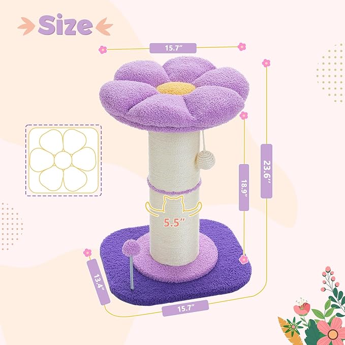 PEQULTI Flower Cat Scratching Post, Small Cat Tree, Scratcher for Indoor Cats with Super Thick Scratching Post [Dia=5.5''], Removable Flower Bed, Cat Scratch Post with Spring Ball, Purple