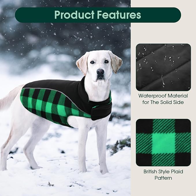 Kuoser Dog Winter Coat, Reversible Waterproof Dog Jacket with Reflective Strip, Warm Dogs Fleece Vest Adjustable Doggy Cold Weather Clothes Plaid Christmas Outfit Pet Apparel for Large Dogs, Green XL