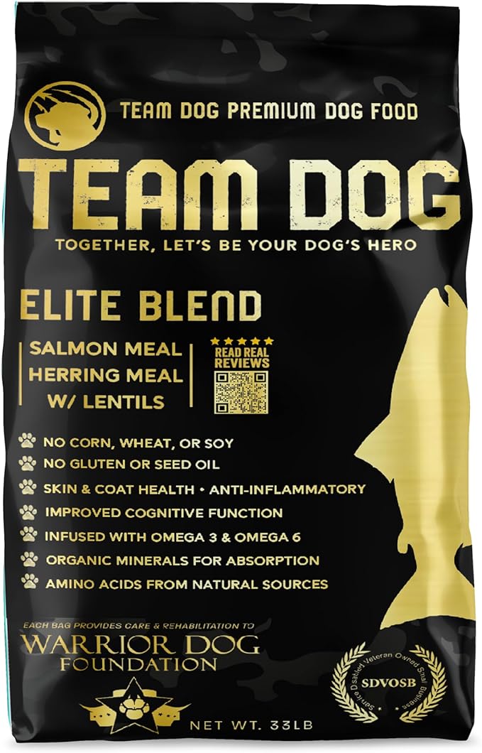 Team Dog Elite Blend Salmon Dog Food with Herring & Lentils | High Protein Dog Food for Sensitive Stomachs & Skin | Chicken Free, Gluten Free, GMO Free, No Corn, Wheat or Soy (33 lb)