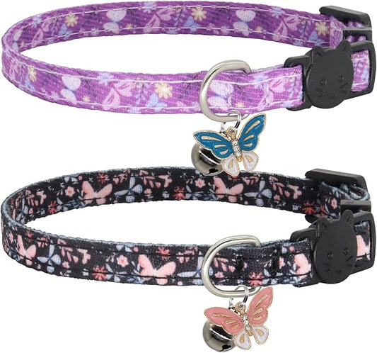 Cat Collar Breakaway, 2 Pack Cotton Cats Collars with Bells, Cute Butterfly Shaped for Girl Boy Kittens, Purple and Black