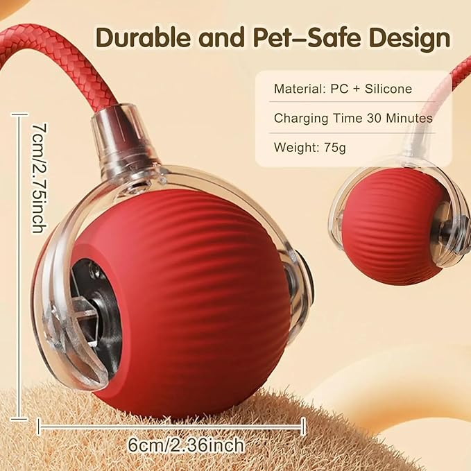 Interactive Rolling Cat Ball Toy [RED], LED Lights, for Indoor Adult Cats, Rechargeable, Smart Automatic Pet Ball, Speedy Tail/Rope, Fast on Carpet, Only for Active Cats
