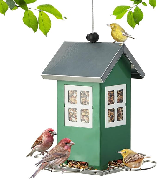 Small Metal Bird Feeders for Outdoors, Cute House Shape Bird Feeder with Window Design, Garden Terrace Hanging Birdfeeder for Finch Sparrow Warblers Little Birds - Premium Green