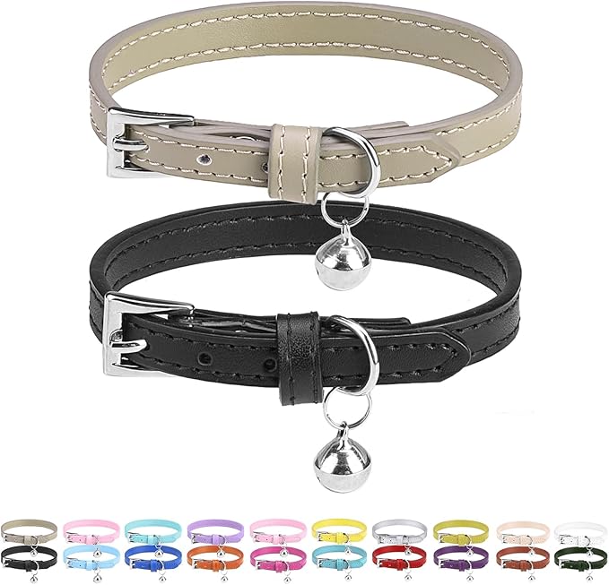 PUPTECK 2 PCS Soft Genuine Leather Cat Kitten Collar with Bells Adjustable for Girl Boy Cats Puppy - Black, Khaki
