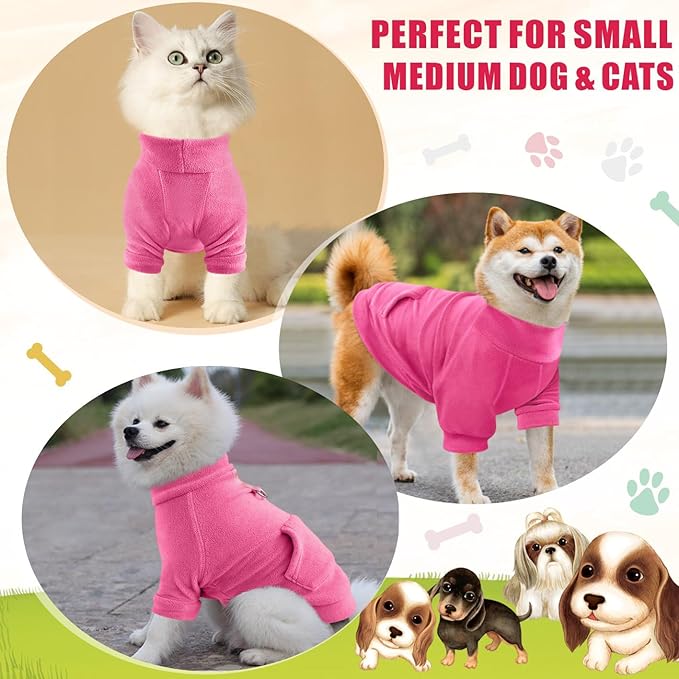 Idepet Fleece Sweater, Winter Dog & Cat Coat - Turtleneck Sweatshirt with Leash Ring (Rose Red, M)
