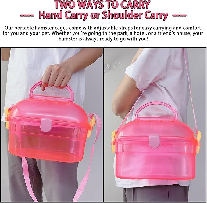 kathson Portable Hamster Cage Dwarf Hamster Carry Case Syrian Hamster Carry Travel Cage with House Food Bowl Adjustable Strap Pet Outgoing Cages Carrier for Small Hamster Young Guinea Pig Pink