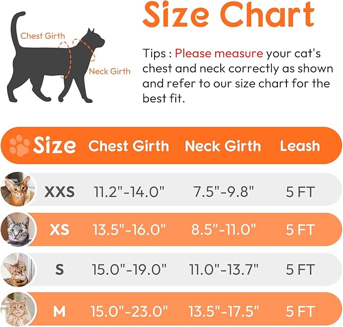 Dooradar Cat Harness and Leash Set, Escape Proof Safe Adjustable Kitten Vest Harnesses for Walking, Easy Control Soft Breathable Mesh Jacket with Reflective Strips for Cats, Orange, XS