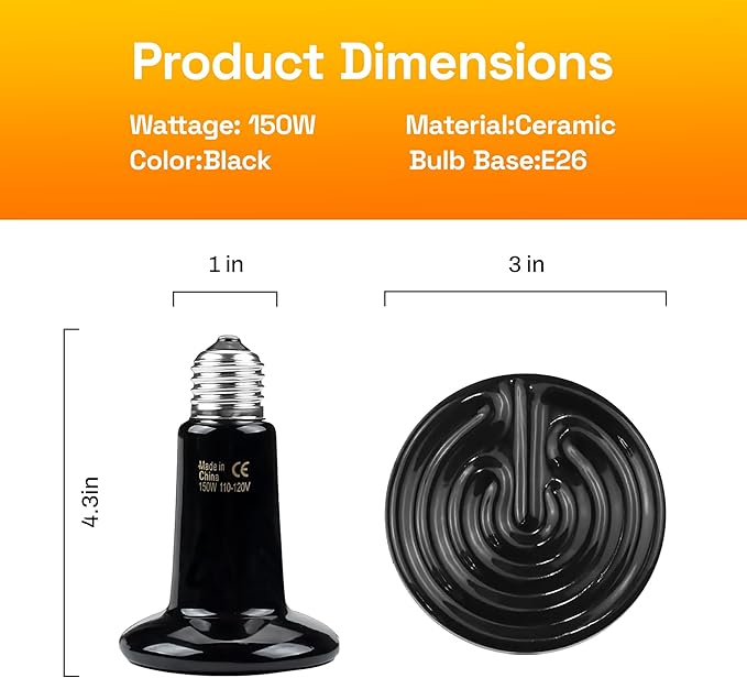 BN-LINK 150W Reptile Heat Lamp 2-Pack, Ceramic Heat Emitter Bulbs, No Light Heat Lamp for Reptiles, Chickens, Lizard, Turtle, Snake