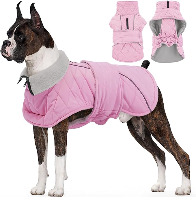 Kuoser Dog Coat, Extra Warm Dog Jacket Windproof Dogs Cold Weather Coats for Large Dogs, Fleece Lining Turtleneck Puppy Snowsuit Reflective Adjustable Pet Winter Clothes Christmas, Pink XL