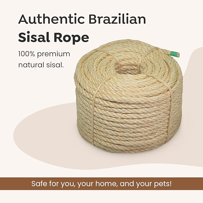 Premium Brazilian Sisal Rope, Natural Fiber 100% Sisal, Ultra Durable, Chemical-Free, Ideal for DIY, Cats, Scratching Post Replacement, Home Decor, Garden, Crafting (1/6” 100 ft / 4mm 30m)