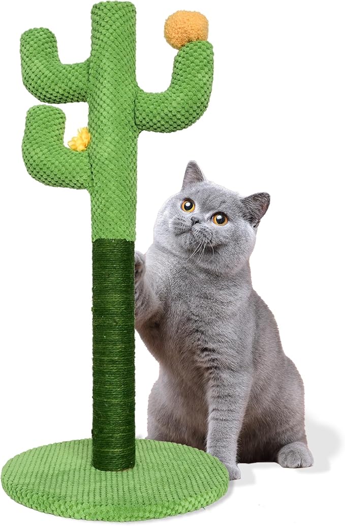 Kitten Cat Scratch Post - 25'' Cactus Scratching Posts with Sisal Cats Claw Scratcher Scratching Posts for Indoor Cats Adults，Vertical Green Cat Tree with Flower for Kitten