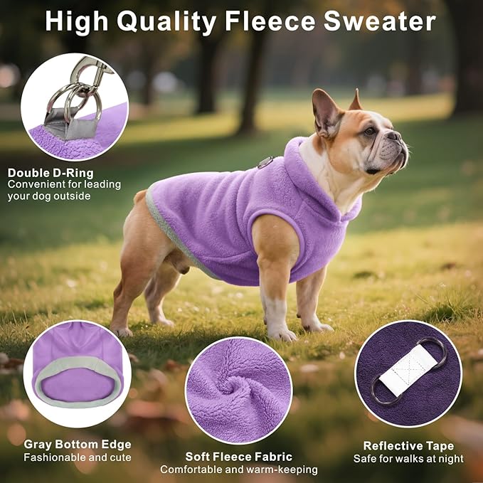 Idepet 2 Pack Dog Fleece Vest Sweater Warm Pullover Jacket with D-Ring Leash Reflective Winter Coat Hoodie for Small Medium Dogs Puppy Cat Pet Clothes (Purple&Pink, X-Large-French Bulldog)